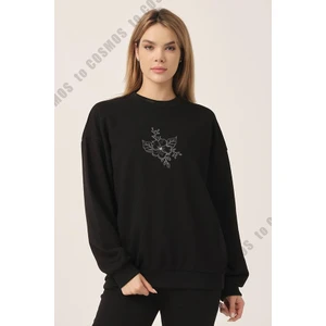 To Cosmos Çiçek Baskılı Siyah Kadın Sweatshirt