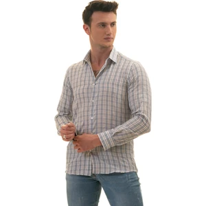 Exve Exclusive Beyaz Üzerine Mavi Siyah Ekose Kareli Slim Fit Uzun Kol Erkek Gömlek