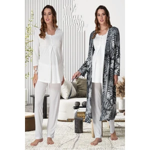 Ekru Sabahlıklı Hamile Lohusa Pijama Takımı