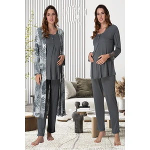 Füme Sabahlıklı Hamile Lohusa Pijama Takımı