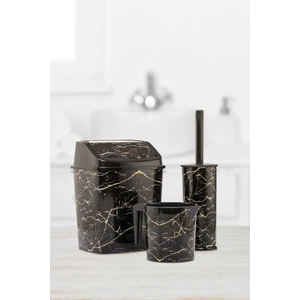 Banyo Seti Çöp Kovası Wc Tuvalet Fırçası Maşrapa 3'lü Set Siyah Mermer Desenli Banyo Seti
