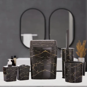 Banyo Seti 5'li Çöp Kovası Wc Tuvalet Fırçası Maşrapa Sabunluk Fırçalık 5'li Siyah Mermer Desenli