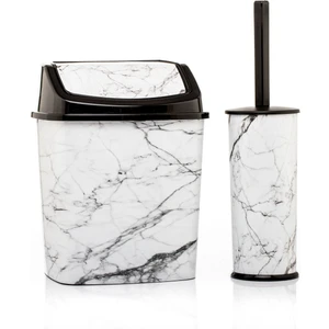 Çöp Kovası Wc Tuvalet Fırçası 2'li Set Beyaz Mermer Desenli Set