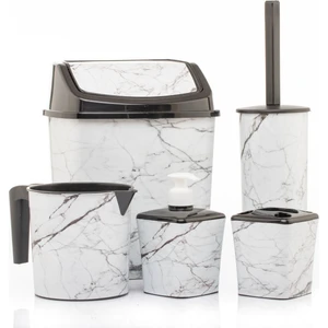 Banyo Seti Çöp Kovası Tuvalet Fırçası Maşrapa Sabunluk Diş Fırçalık 5'li 5 Parça Beyaz Mermer Desen
