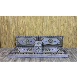 Şark Köşesi Minderi Saraylı Desenli İkili Sedir Takımı Gri