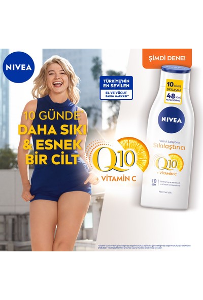 NIVEA Sıkılaştırıcı Vücut Losyonu Q10 + C Vitamini 250ml, 48 Saat Vücut Nemlendirme, 10 Günde Sıkılaşma, Normal Ciltler için, Vücut Bakım