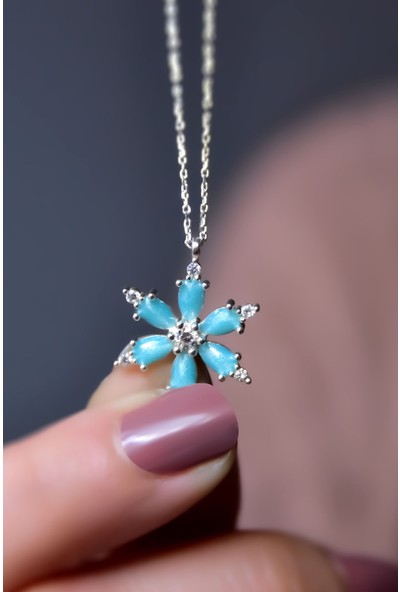 Papatya Silver 925 Ayar Gümüş Rodyum Kaplama Mavi Mineli Kamelya Çiçeği Kolye