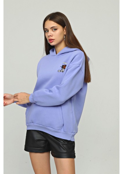 Fancy Kadın Kapüşonlu Yumuşacık İçi Pamuklu Göğsü Nakışlı Kanguru Cepli Sweatshirt