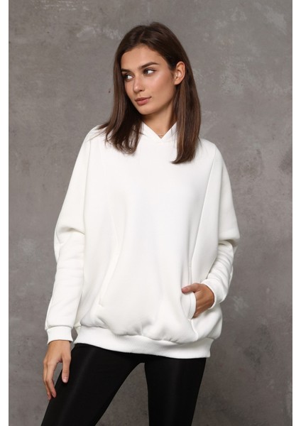 Fancy Kadın Kapüşonlu Yumuşacık İçi Pamuklu Yarasa Kol Oversize Kalın Sweatshirt