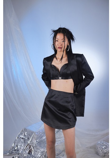 Mini Boy Fermuarlı Saten Fancy Etek Siyah