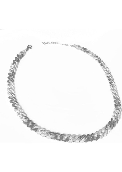 Kalın Gurmet Zincir Yarısı Taşlı Yarısı Taşsız Gümüş Choker Kolye