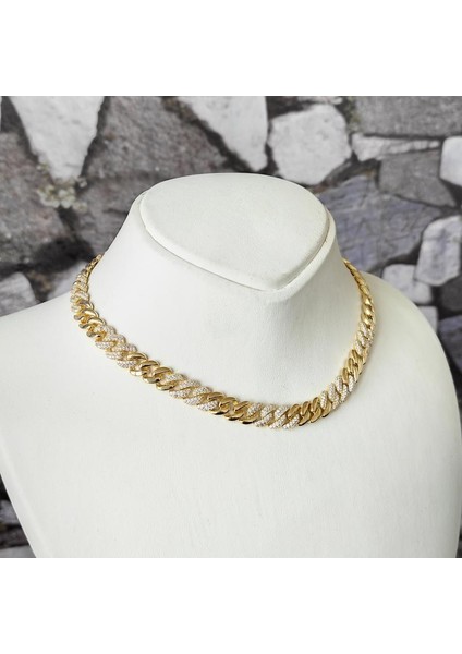 Kalın Gurmet Zincir Yarısı Taşlı Yarısı Taşsız Gümüş Choker Kolye modelleri