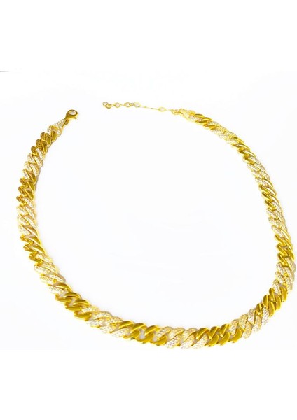 Kalın Gurmet Zincir Yarısı Taşlı Yarısı Taşsız Gümüş Choker Kolye fırsatları