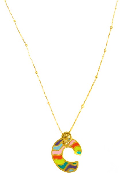 Gökkuşağı Renkli Mineli Taşsız Gümüş Harf Kolye - C