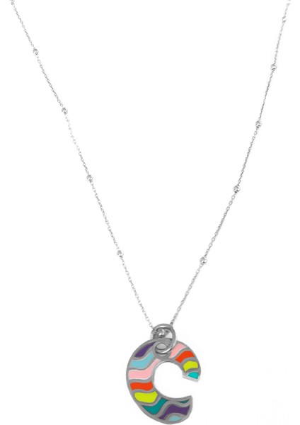 Gökkuşağı Renkli Mineli Taşsız Gümüş Harf Kolye - C modelleri