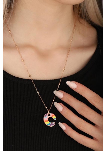 Gökkuşağı Renkli Mineli Taşsız Gümüş Harf Kolye - C indirimleri