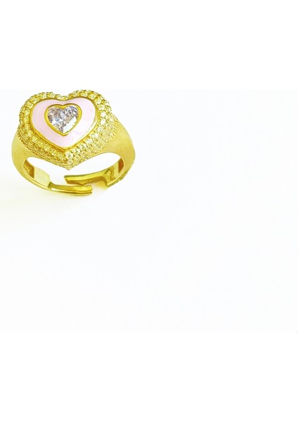 Pembe Mineli Ortası Taş Kalpli Gümüş Yüzük