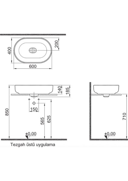 Zero 2.0 60X40 cm Mat Beyaz Oval Çanak Lavabo