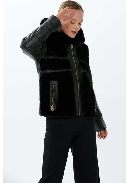 Deri Kombinli Kapüşonlu Kaban fiyatları