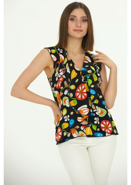 Yakası Volanlı Kolsuz Emprime Bluz