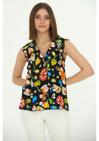 Yakası Volanlı Kolsuz Emprime Bluz fiyatları