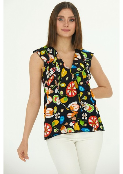 Yakası Volanlı Kolsuz Emprime Bluz modelleri