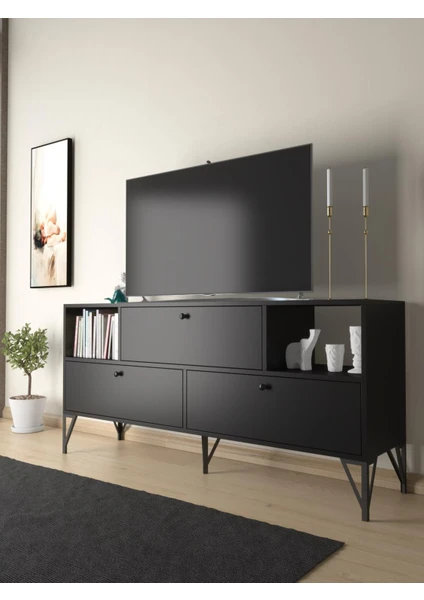 Wood'n Love Mia 160 cm Metal Ayaklı Tv Ünitesi - Konsol - Siyah / Siyah