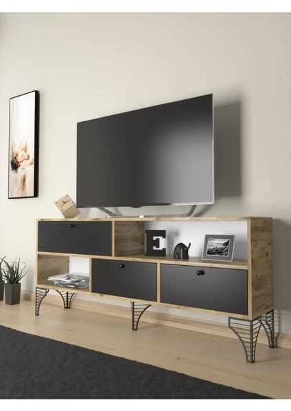 Wood'n Love Katre 150 cm Metal Ayaklı Tv Ünitesi - Atlantik Çam - Siyah / Siyah