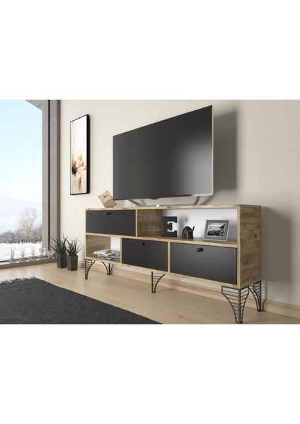 Wood'n Love Katre 150 cm Metal Ayaklı Tv Ünitesi - Atlantik Çam - Siyah / Siyah