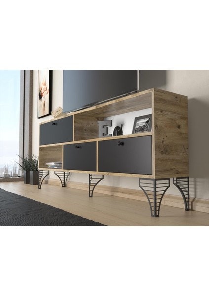 Wood'n Love Katre 150 cm Metal Ayaklı Tv Ünitesi - Atlantik Çam - Siyah / Siyah