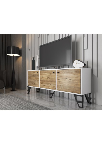 Wood'n Love Bello 160 cm Metal Ayaklı Tv Ünitesi - Konsol - Beyaz - Atlantik Çam / Siyah