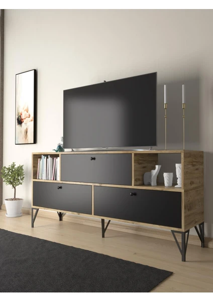 Wood'n Love Mia 160 cm Metal Ayaklı Tv Ünitesi - Konsol - Atlantik Çam - Siyah / Siyah