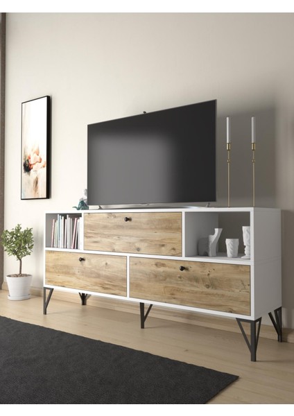 Mia 160 cm Metal Ayaklı Tv Ünitesi - Konsol - Beyaz - Atlantik Çam / Siyah