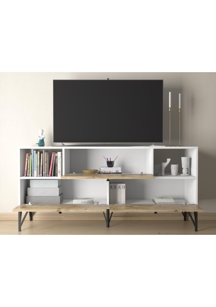 Mia 160 cm Metal Ayaklı Tv Ünitesi - Konsol - Beyaz - Atlantik Çam / Siyah