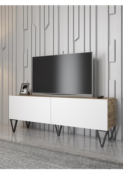 Wood'n Love Emir 150 cm Metal Ayaklı Tv Ünitesi - Atlantik Çam - Beyaz / Siyah