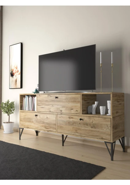 Wood'n Love Mia 160 cm Metal Ayaklı Tv Ünitesi - Konsol - Atlantik Çam / Siyah