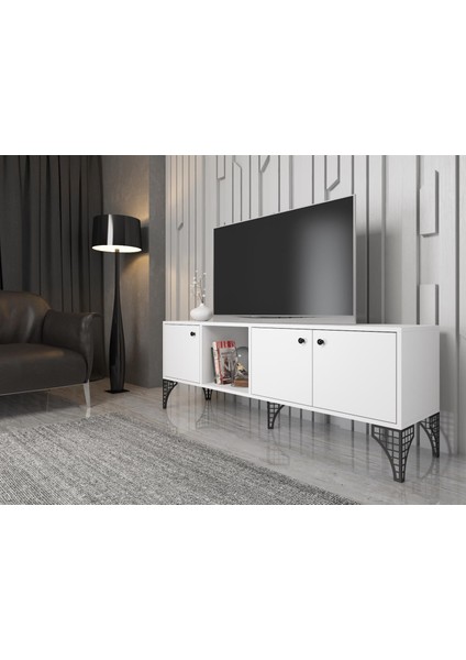 Hira 160 cm Metal Ayaklı Tv Ünitesi - Beyaz / Siyah