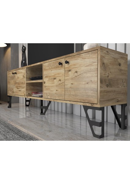 Wood'n Love Sofia 180 cm Metal Ayaklı Tv Ünitesi - Atlantik Çam / Siyah