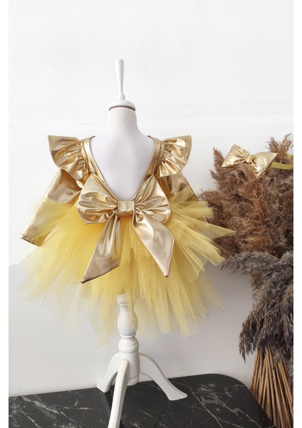 Sarı Fiyonklu Kız Çocuk Tütü Elbise, Uzun Kollu Sarı Doğum Günü Elbisesi, Bandana