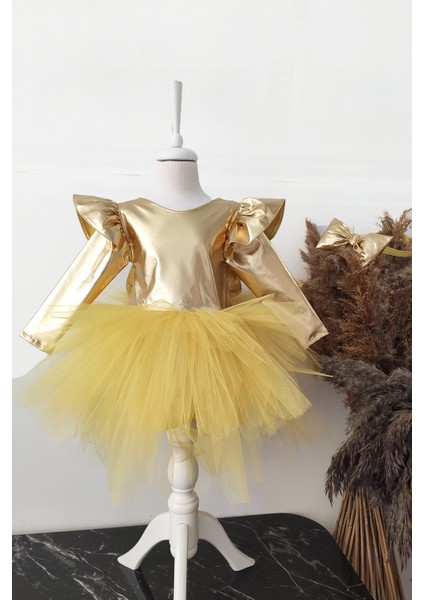 Sarı Fiyonklu Kız Çocuk Tütü Elbise, Uzun Kollu Sarı Doğum Günü Elbisesi, Bandana modelleri