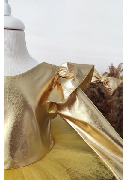 Sarı Fiyonklu Kız Çocuk Tütü Elbise, Uzun Kollu Sarı Doğum Günü Elbisesi, Bandana fırsatları