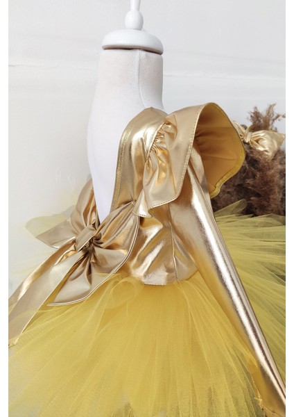 Sarı Fiyonklu Kız Çocuk Tütü Elbise, Uzun Kollu Sarı Doğum Günü Elbisesi, Bandana indirimleri