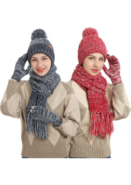 Kış yeni stil örme yün renkli şapka kalın eşarp dokunmatik ekran eldiveni üç parçalı set, siyah (Yurt Dışından) modelleri