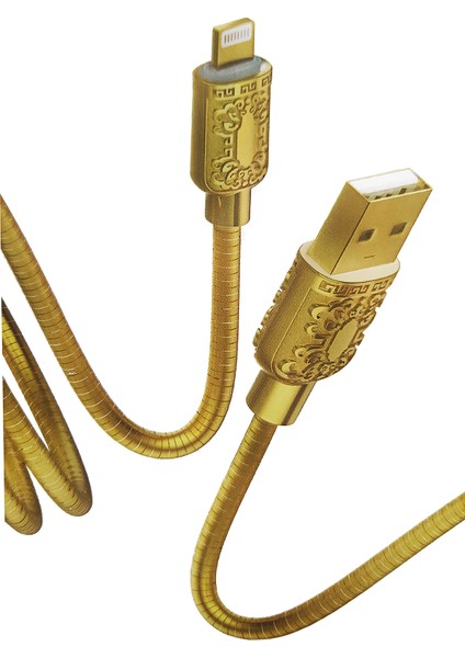 Metal Kaplama Desenli Lightning 3A USB Şarj ve Data Kablosu 1m - AL3200 Gold