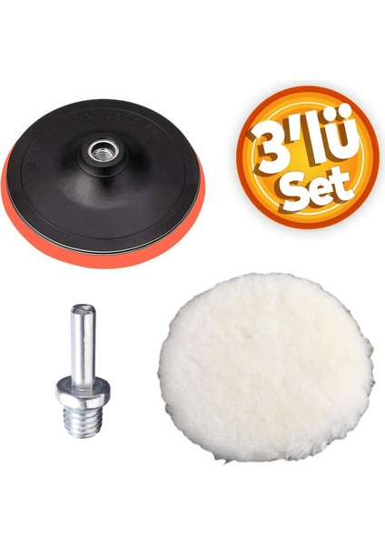 Pasta Cila Polisaj Parlatma Yünü Pedi Keçesi SÜNGERI+115 mm Cırt Taban+Matkap Aparatı (3'lü Set)