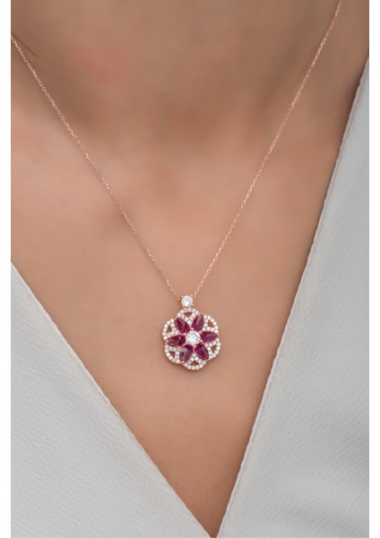 925 Ayar Gümüş Desenli Kırmızı Taşlı Lotus Çiçeği Kolye fiyatları