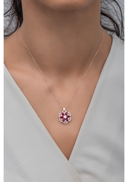 925 Ayar Gümüş Desenli Kırmızı Taşlı Lotus Çiçeği Kolye modelleri