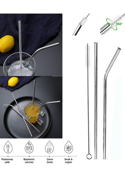 Paslanmaz Çelik 3 Parça Metal Pipet Seti + Temizleme Fırçası Meşrubat Pipeti