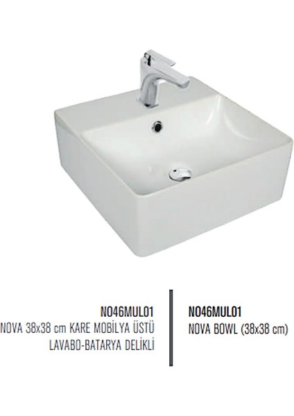 Vit Nova  Kare Mobilya Üstü Lavabo Batarya Delikli 38x38 cm