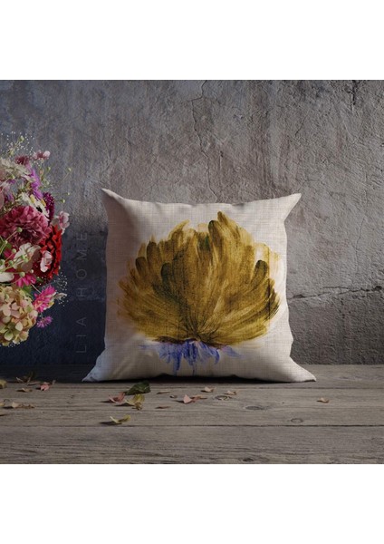 Çiçek Desenli Hardal Renk Çift Taraflı Dekoratif Kırlent Kılıfı